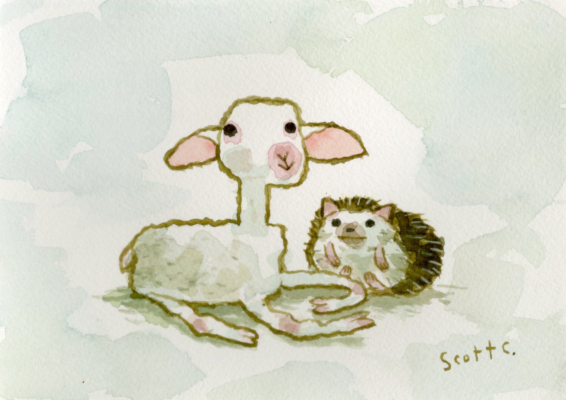 A whimsical watercolor by Scott C. shows a lamb with pink-accented ears and a cute, spiky baby hedgehog sitting together on a softly textured background.