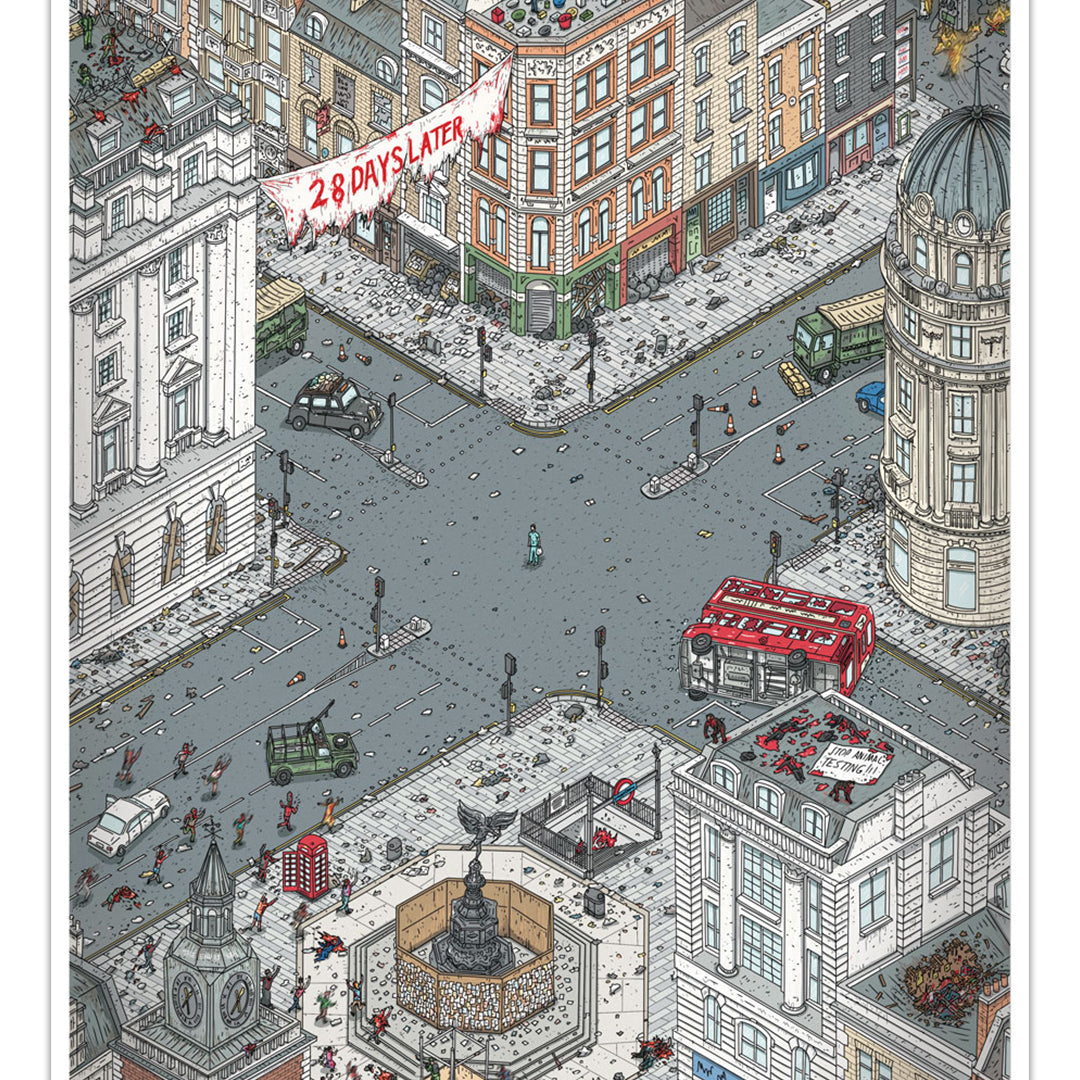 Archival pigment print by Liam Tooher depicting a deserted, chaotic city intersection with damaged vehicles, debris, rooftop scenes, and a lone figure beneath a banner reading 28 Days Later.