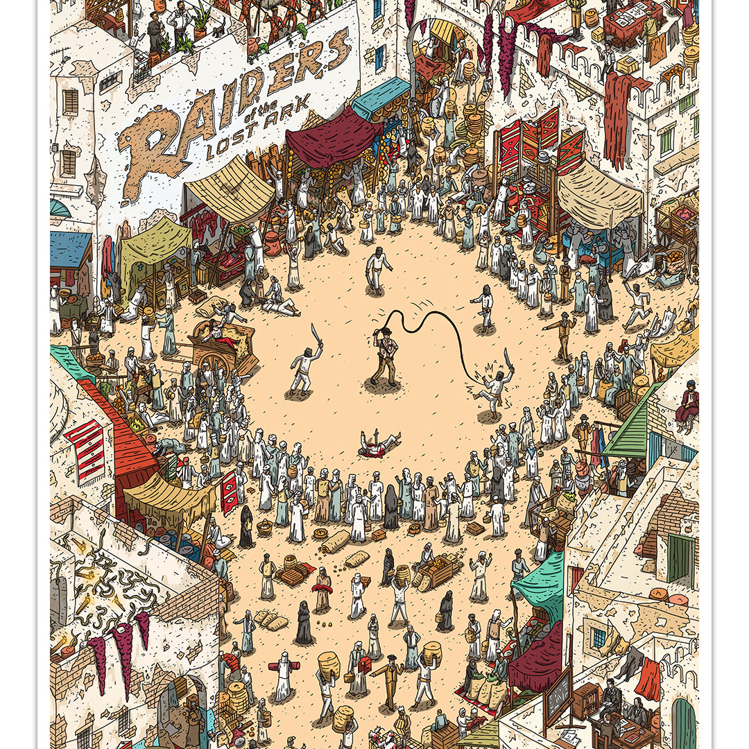 In a vibrant market, crowds are drawn to a performer with a whip, surrounded by stalls of treasures. A building displays Raiders Lost Ark, while camels wander through colorful fabrics in this limited edition archival pigment print by Liam Tooher.