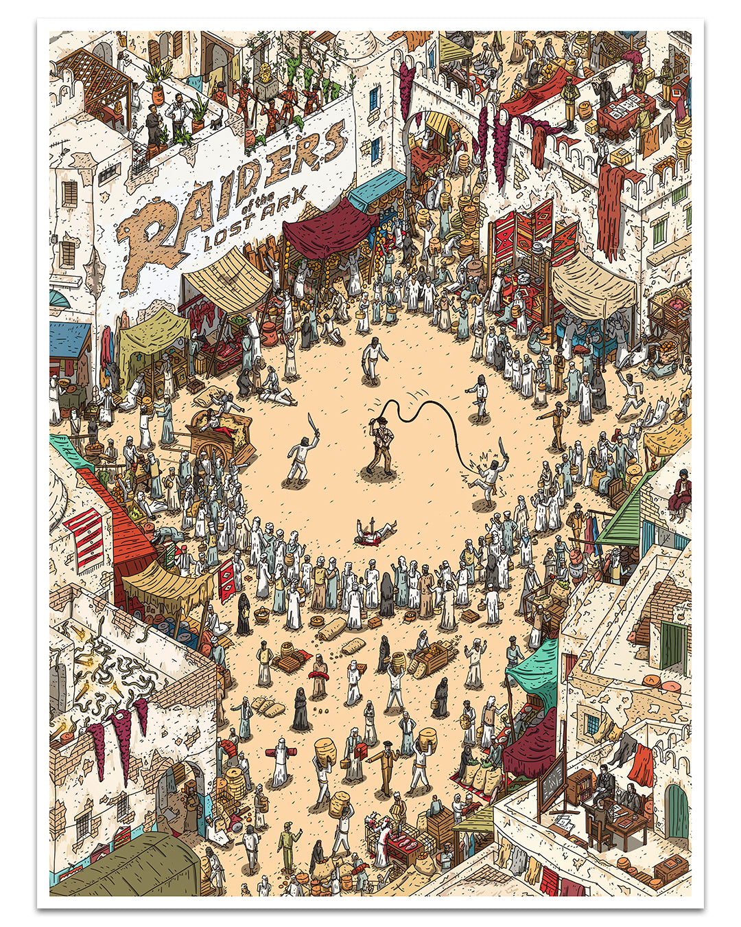 In a vibrant market, crowds are drawn to a performer with a whip, surrounded by stalls of treasures. A building displays Raiders Lost Ark, while camels wander through colorful fabrics in this limited edition archival pigment print by Liam Tooher.