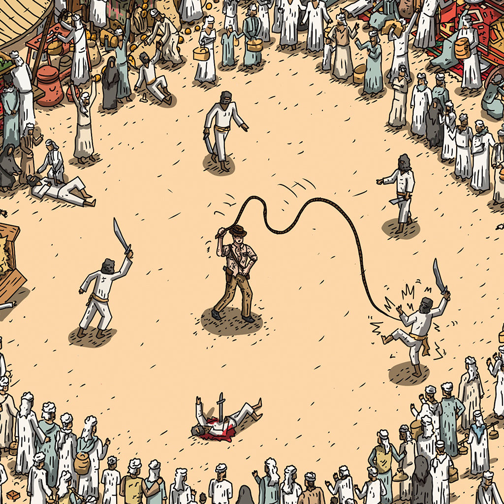 This captivating limited edition archival pigment print by Liam Tooher illustrates a crowded scene with people in robes, where a central figure wields a whip. Several armed individuals with swords threaten this person while one lies on the ground injured.