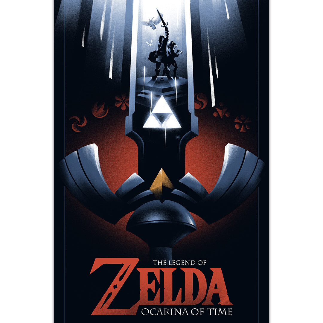 Lyndon Willoughby’s stylized screen print poster for The Legend of Zelda: Ocarina of Time features Link’s silhouette with sword, a glowing Triforce, dramatic red-and-black background, and the game title plus release date.