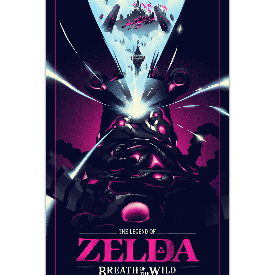 Screen-printed poster by Lyndon Willoughby for The Legend of Zelda: Breath of the Wild features a dark figure with glowing pink accents against a mountainous backdrop with structures. Release date 3.3.2017 is displayed at the bottom.