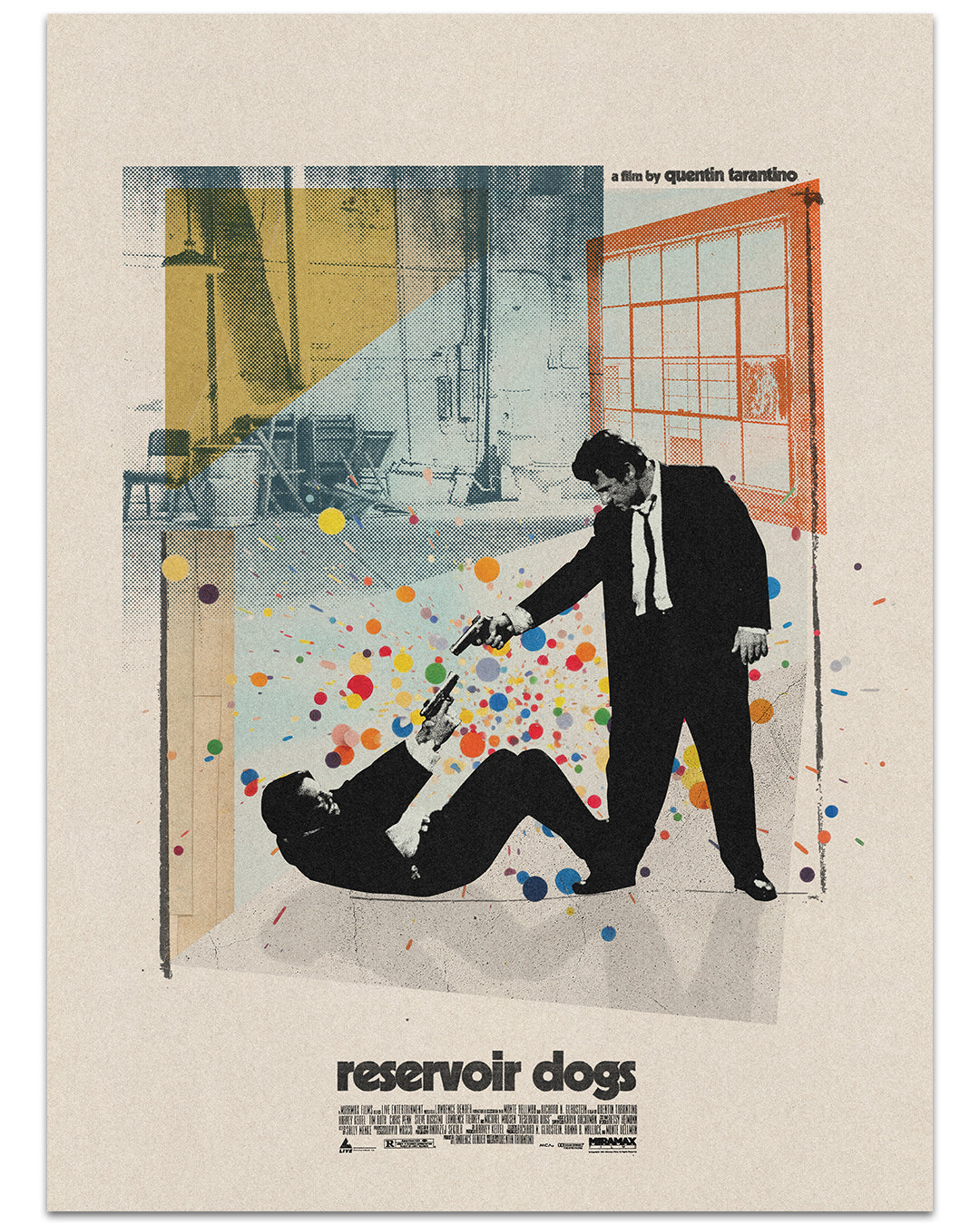 This Matt Needle poster for Reservoir Dogs channels a Richard Hamilton homage, showing two suited men in a tense warehouse standoff. One points a gun while the other sits on the floor, as colorful dots enhance the dynamic tension.