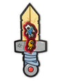 A cartoon-style Misadventures artwork from Spoke Art features a sword with a yellow blade and gray hilt. Two animated characters, one blue and one yellow, are in a red heart shape on the blade against a white background.