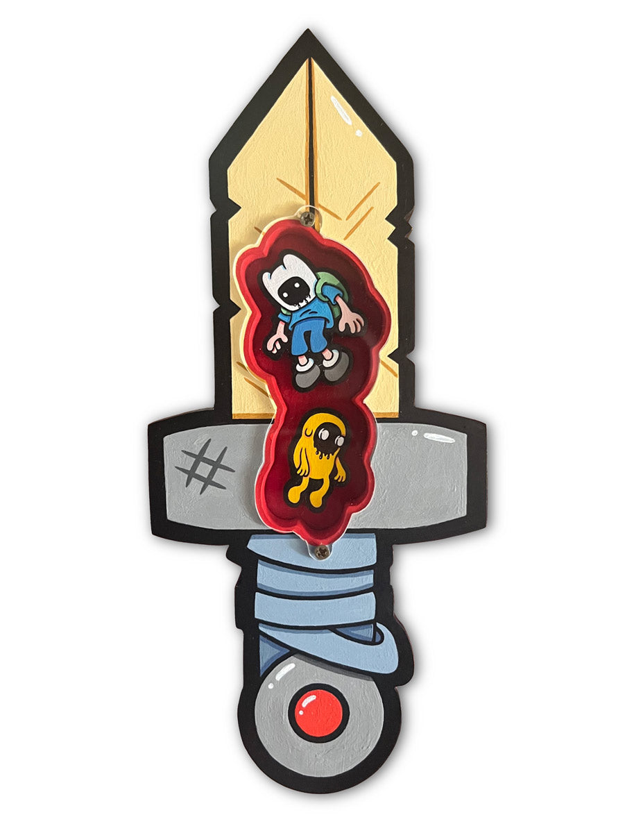 A cartoon-style Misadventures artwork from Spoke Art features a sword with a yellow blade and gray hilt. Two animated characters, one blue and one yellow, are in a red heart shape on the blade against a white background.