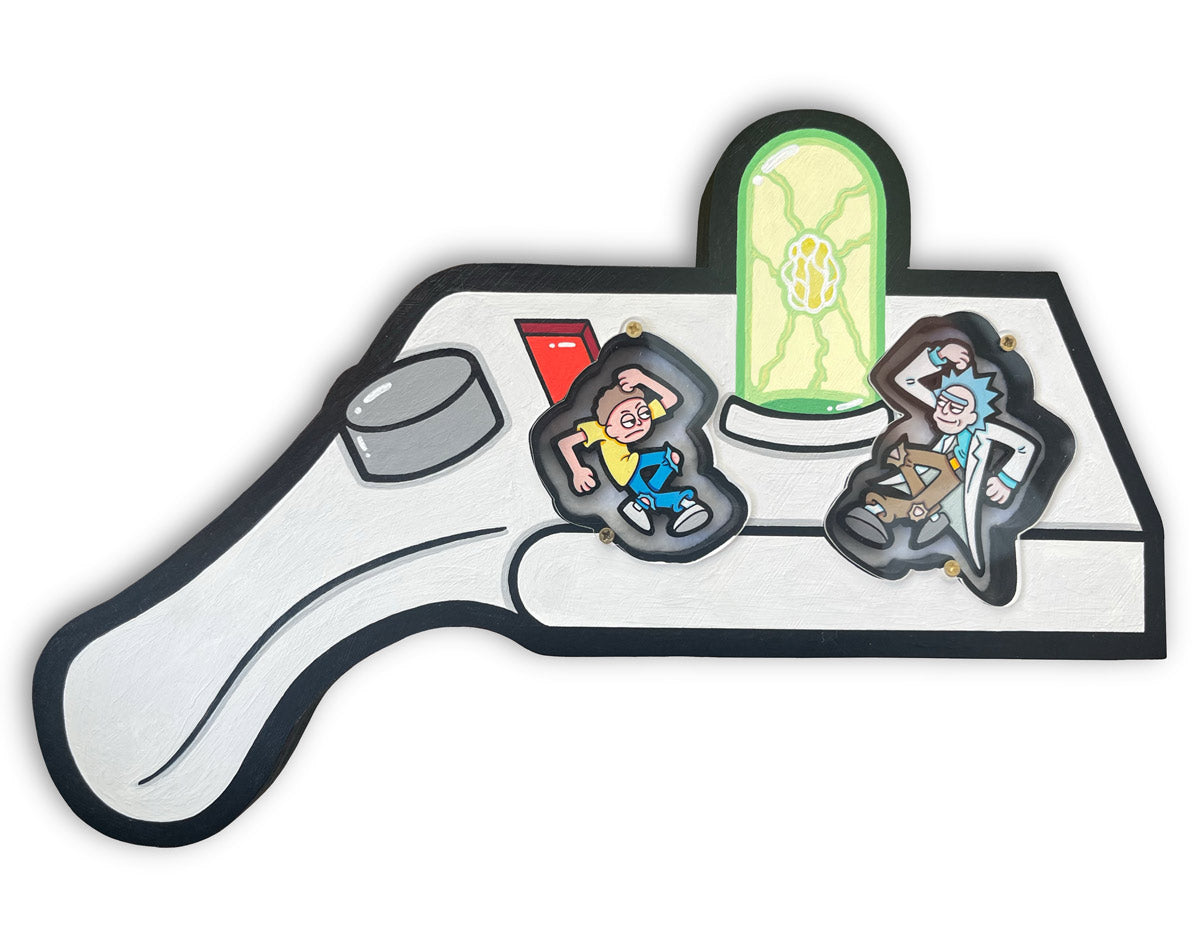 A stylized wood artwork of Rick and Morty’s portal gun by Spoke Art, showing Rick and Morty inside the device with a glowing green portal above—a tribute to Matt Richie for Spoke Art’s 15th Anniversary.