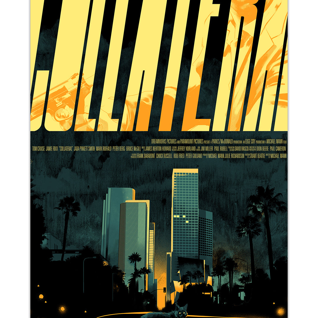 Matt Taylor stylized movie poster for Collateral: features a coyote crossing an empty nighttime street with city buildings, bold title text, bright yellow lights, palm trees—classic screen print design.