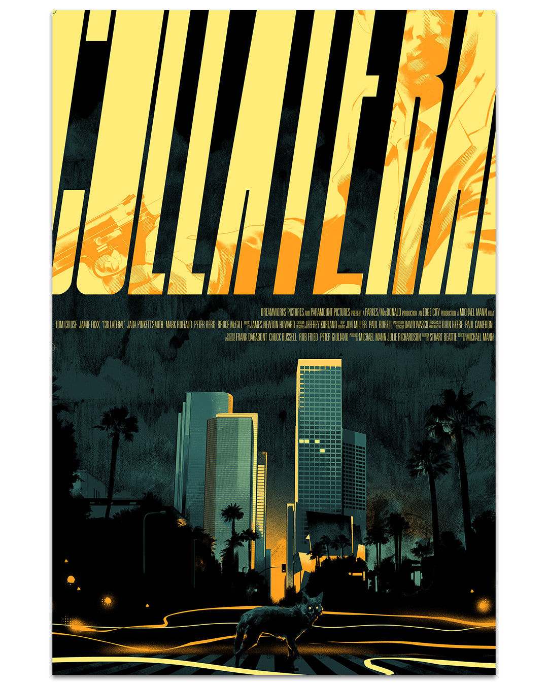 Matt Taylor stylized movie poster for Collateral: features a coyote crossing an empty nighttime street with city buildings, bold title text, bright yellow lights, palm trees—classic screen print design.