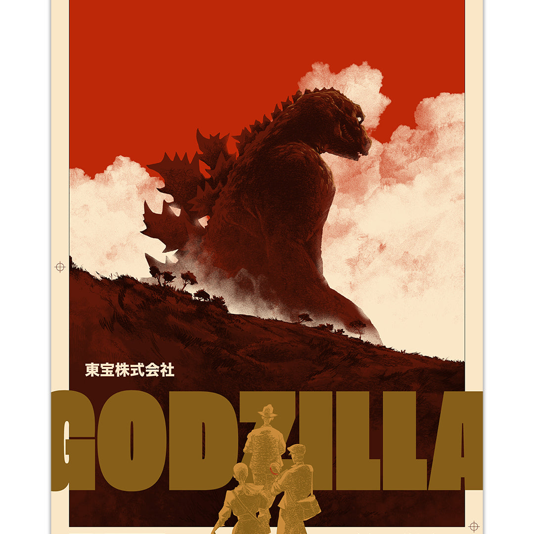 Matt Taylors dramatic screen print depicts Godzilla 54 looming over a landscape with a red sky and clouds, while silhouetted figures gaze below. The bold title GODZILLA, accompanied by Japanese text, is prominently featured.