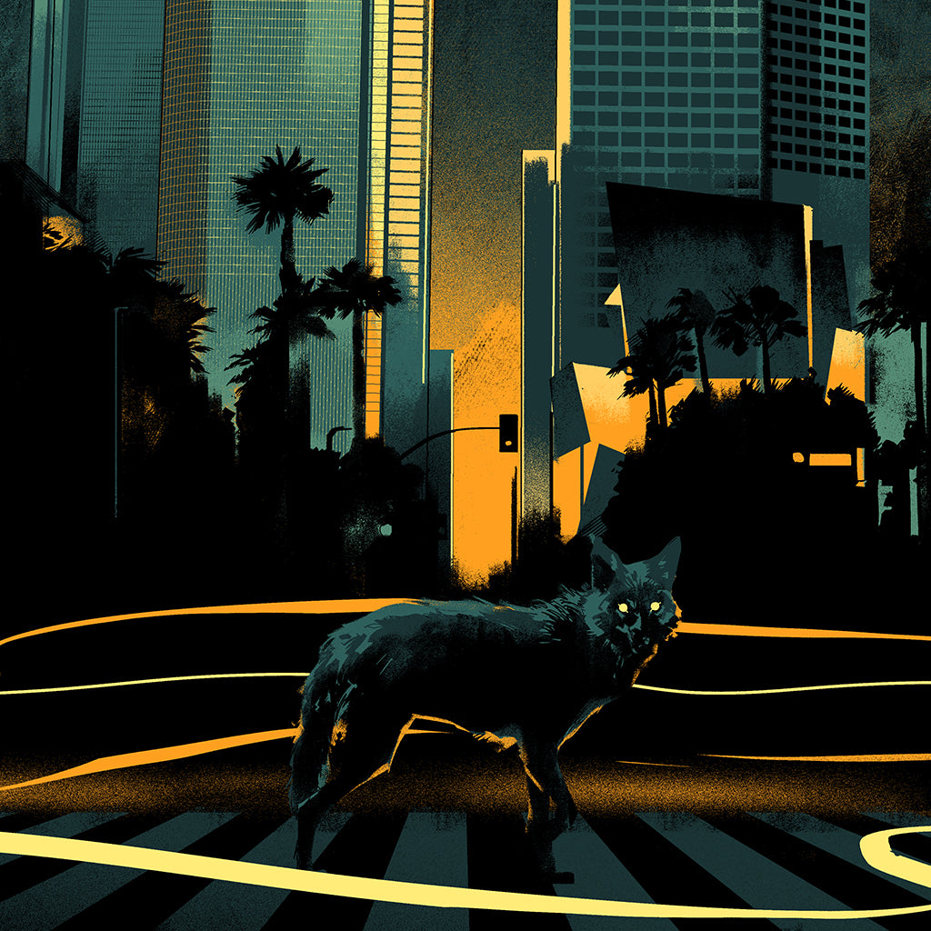 A coyote with glowing eyes stands on a city crosswalk at night, framed by palm trees and skyscrapers, illuminated in dramatic yellow and teal lighting—capturing the signature Matt Taylor style.