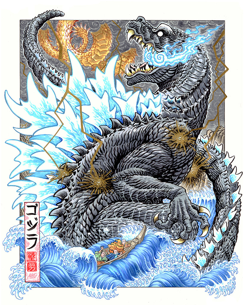 Painting of Godzilla coming out of the water creating a giant current that three men in a small boat are