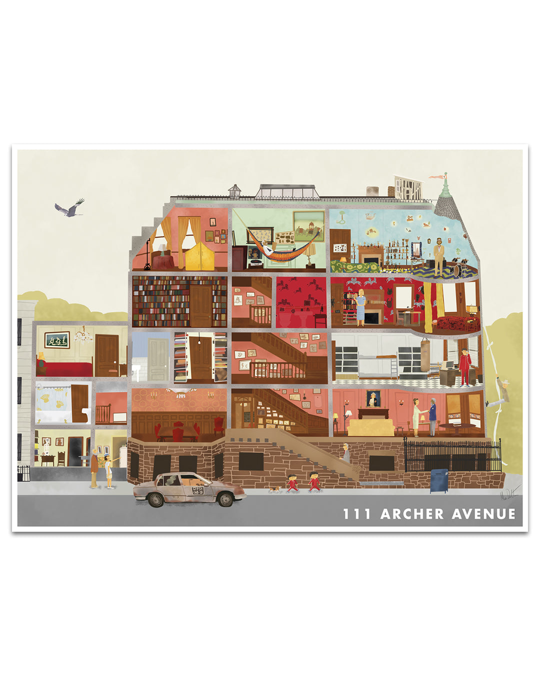 A vibrant archival pigment print by Max Dalton features a multi-story house cutaway with detailed rooms, people, a taxi outside, and a bird above; "111 Archer Ave" is printed at the bottom.