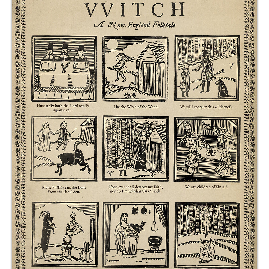 Max Daltons archival pigment print poster, The VVITCH: A New-England Folktale, showcases nine vintage-style illustrated panels with eerie colonial scenes and captions inspired by witchcraft and dark folklore.