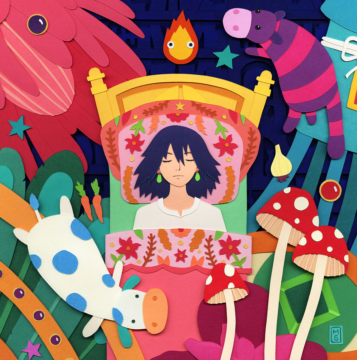 A person with shaggy dark hair lies in bed amid vibrant, whimsical paper-cut animals and mushrooms, evoking Spoke Art’s colorful, dreamlike style—a magical, surreal collage reminiscent of Howl’s Moving Castle.