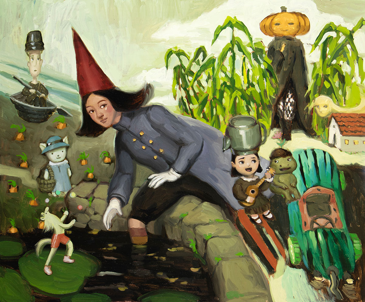 A whimsical Spoke Art painting by Nadezda shows a woman in a red pointed hat near a pond, with playful toy characters, a toy car, a pumpkin-headed figure by a small house, and tall corn plants beneath a cloudy Garden Wall sky.