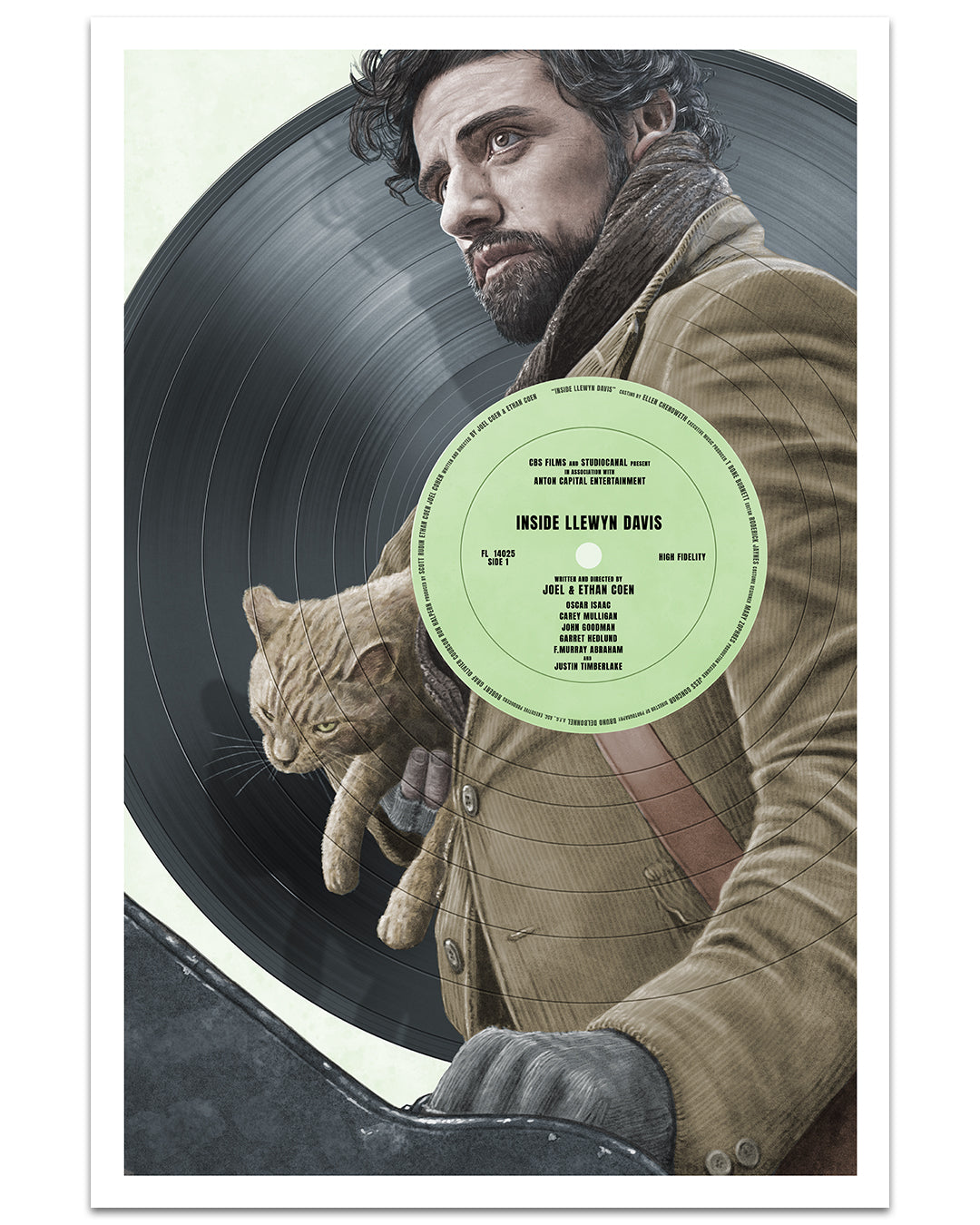 A dark-haired, bearded man in a brown coat carries a cat. Behind him, an archival pigment print by Neil Davies features the Inside Llewyn Davis vinyl record with cast and crew details. A guitar case is visible at the bottom, enhancing the scenes charm.