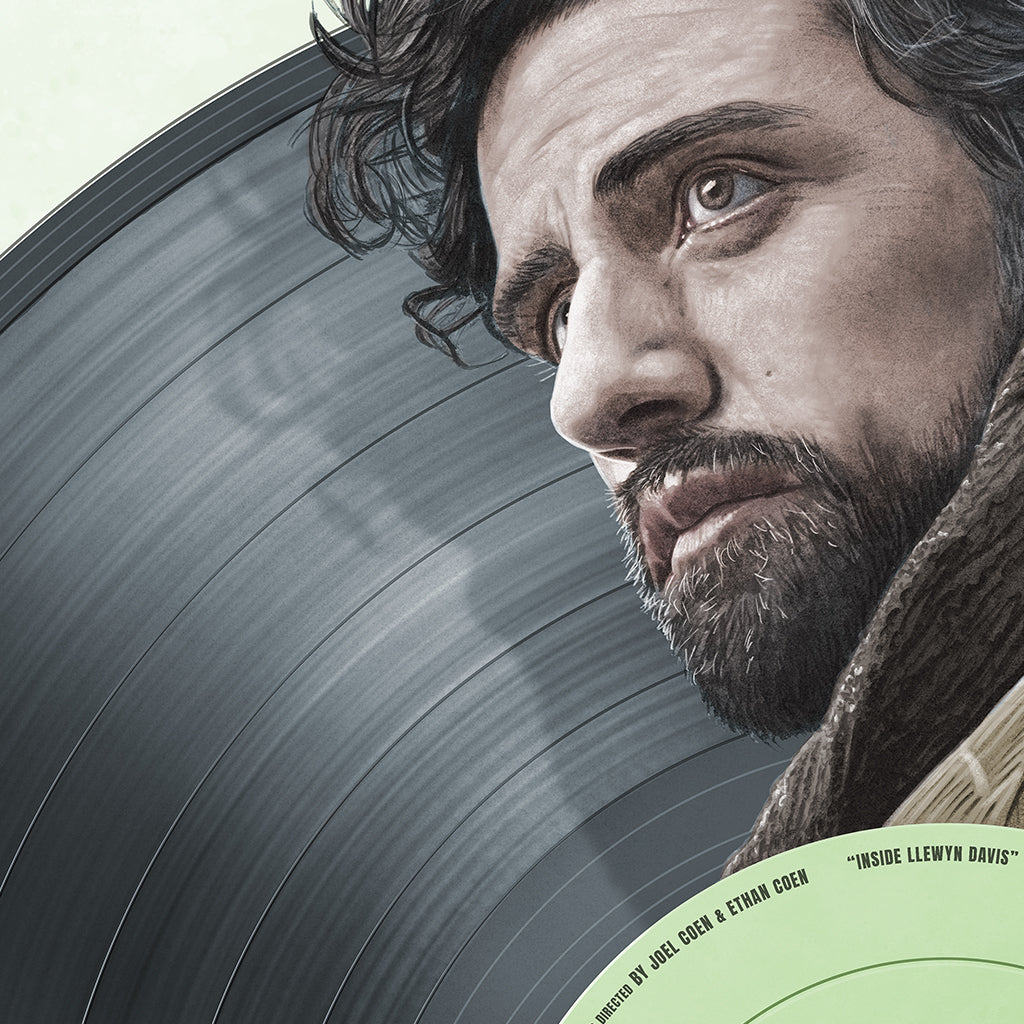 A bearded man with curly hair in a scarf gazes sideways against a large greenish vinyl backdrop. This archival pigment print by Neil Davies is hand-numbered, featuring Inside Llewyn Davis and Directed by Joel & Ethan Coen.