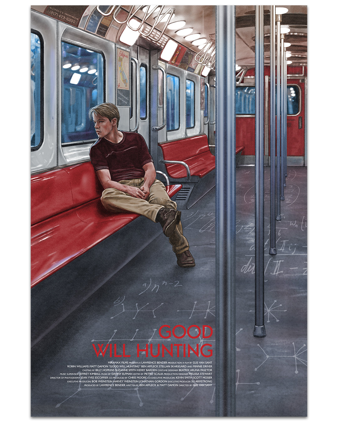 A solitary young man sits on a red subway bench, lost in thought as math equations cover the floor. “GOOD WILL HUNTING” is boldly displayed below. Limited edition archival pigment print by Neil Davies.