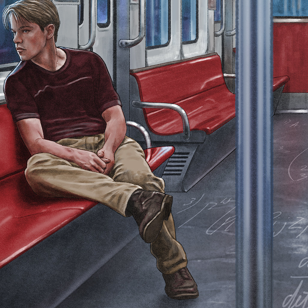 A young man with light brown hair sits alone on a red subway bench, wearing a maroon shirt and khaki pants. This limited edition Neil Davies artwork features faint mathematical equations scattered across the floor.