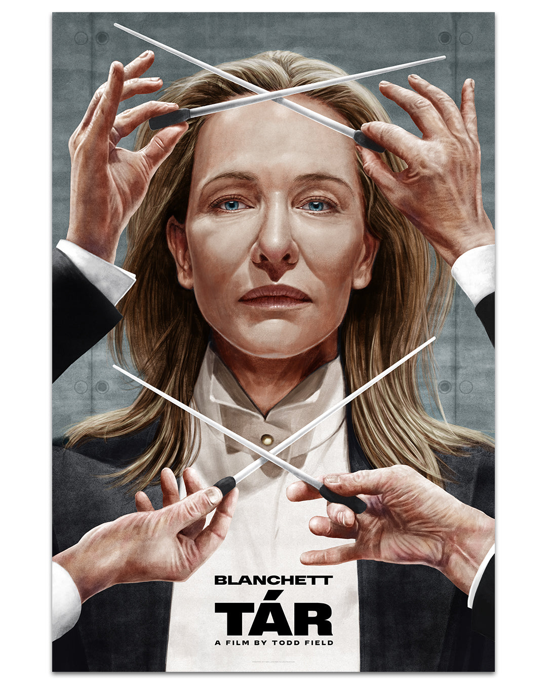 A serious woman in formal wear faces forward as hands around her cross conductors batons. This limited edition archival pigment print by Neil Davies features the poster: BLANCHETT TÁR A Film by Todd Field.
