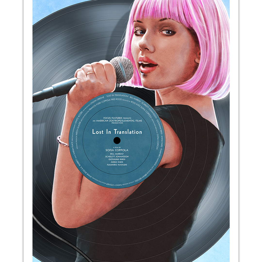 Neil Davies' limited edition archival pigment print features an illustration of a woman with a pink bob wig singing into a microphone in a black dress, set before a vinyl record displaying the Lost In Translation movie title.