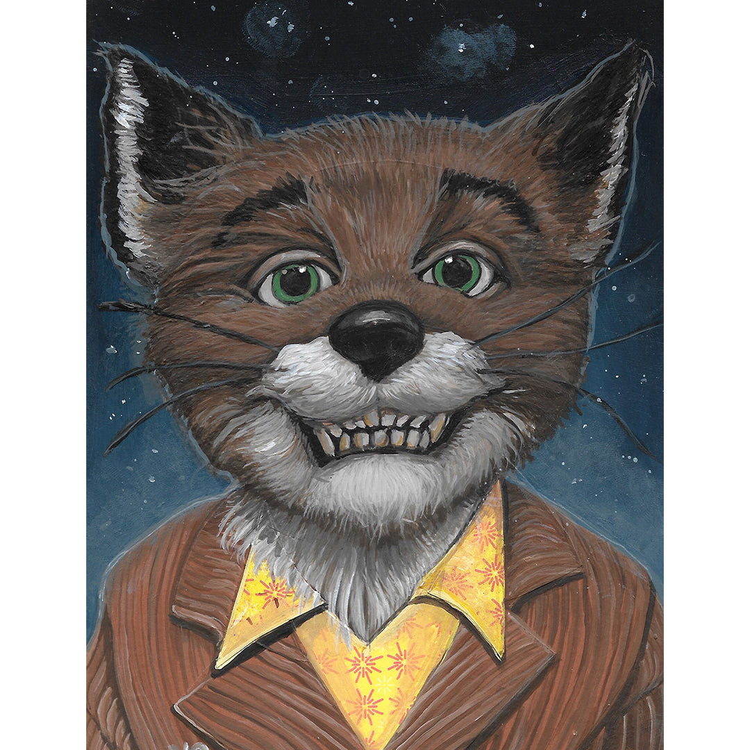 A portrait of a cheerful, anthropomorphic fox inspired by Fantastic Mr. Fox” by Nicole Bruckman, showcasing green eyes and attire with a brown suit over a yellow star-patterned shirt against an acrylic night sky adorned with stars.