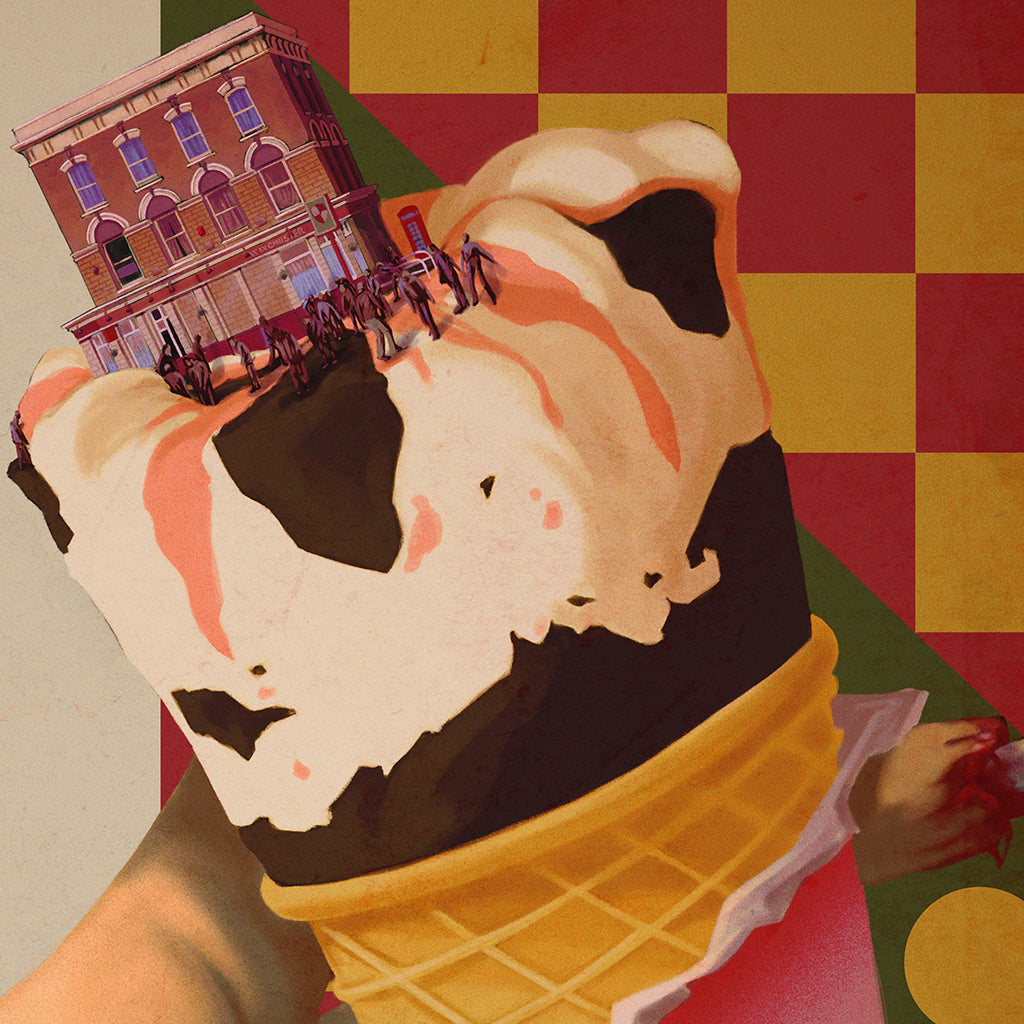 OTTO presents a surreal image of a giant ice cream cone with a building on top, surrounded by tiny people, set against a red and yellow checkered backdrop. This limited edition fine art print blends fantasy and reality for an extraordinary visual experience.