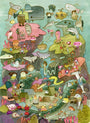 A vibrant Scott C. scene depicts Ocean Leisure Life, with cartoon sea creatures and people exploring reefs, riding sea animals, and admiring colorful corals in soft watercolor tones.