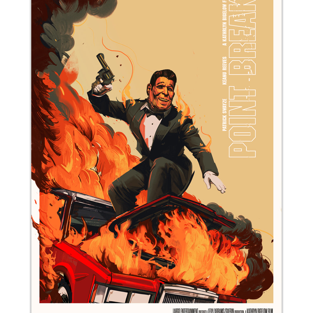 A man in a tuxedo and Ronald Reagan mask wields a gun atop a burning red car with swirling smoke in this stylized Point Break movie poster by Oliver Barrett—an eye-catching collectible for screen print art fans.