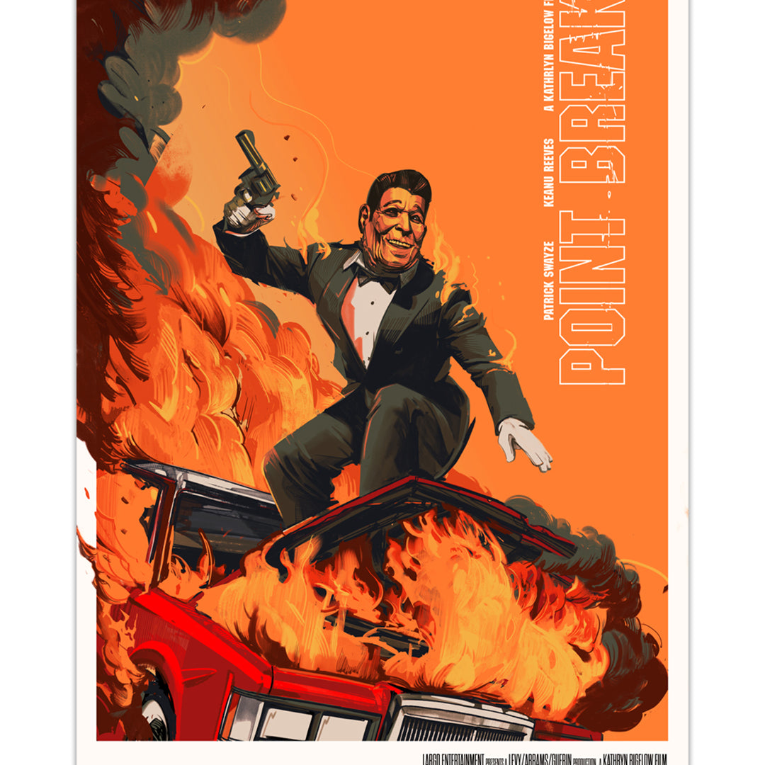 A man in a suit and mask stands with a gun atop a flaming red car amid swirling smoke. Bold text on the right reads Point Break. This vibrant screen print by Oliver Barrett features a striking orange background. Brand: Oliver Barrett.