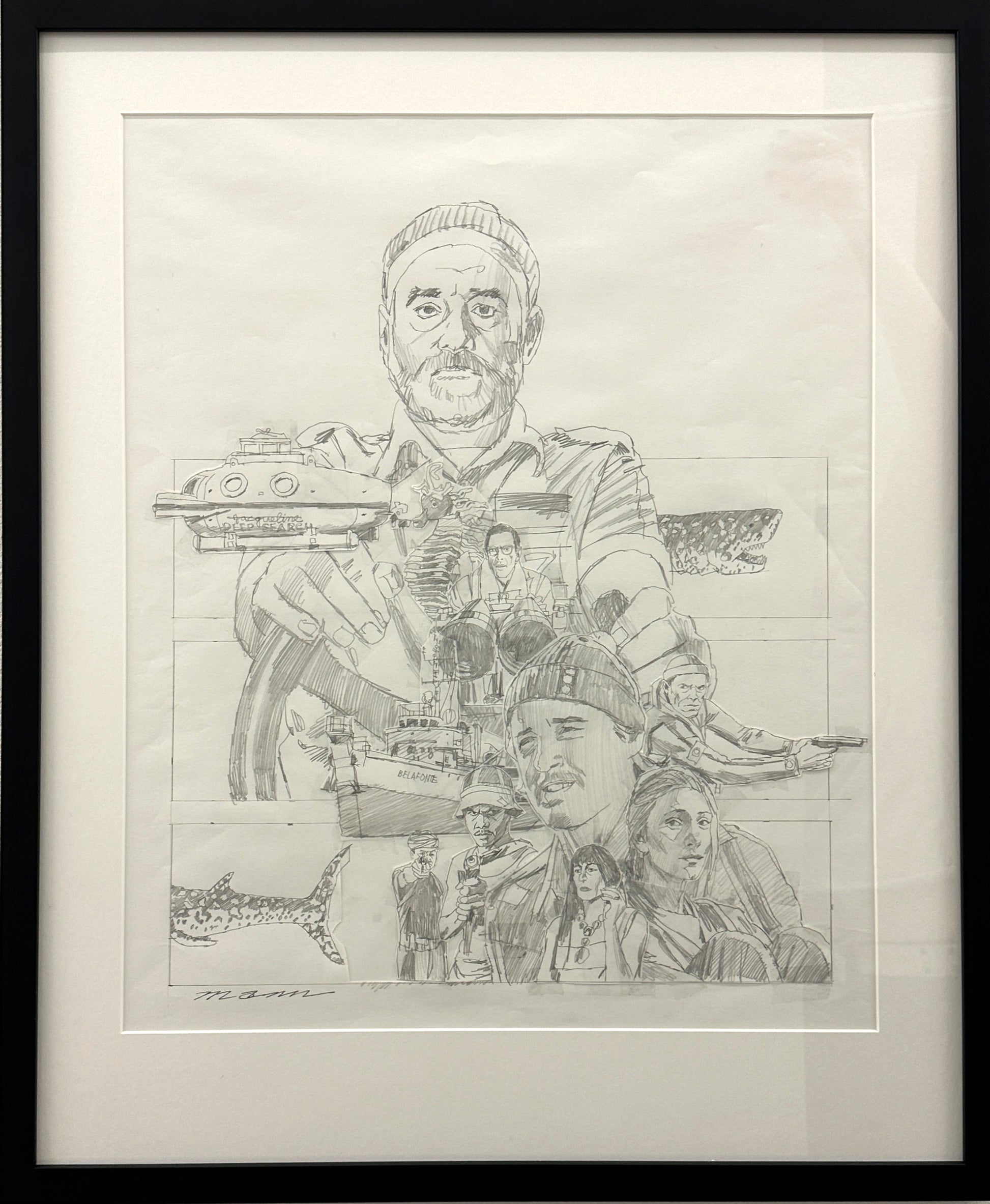 Framed pencil sketch collage inspired by Paul Mann, with Life Aquatic scenes—submarine, sea creatures, and ocean adventures—surrounding a central figure in a beanie. Created for the Spoke Art 15th Anniversary Show. Brand: Spoke Art.