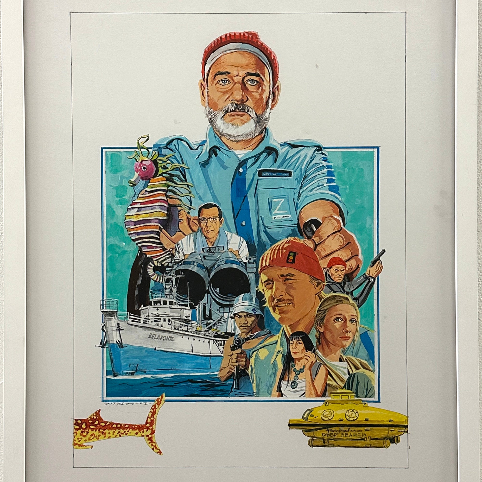 Vibrant Spoke Art painting inspired by The Life Aquatic with Steve Zissou, featuring a red-beanie man, underwater scenes, ship, colorful fish, and yellow submarine in Paul Mann's style for Spoke Art's 15th Anniversary.