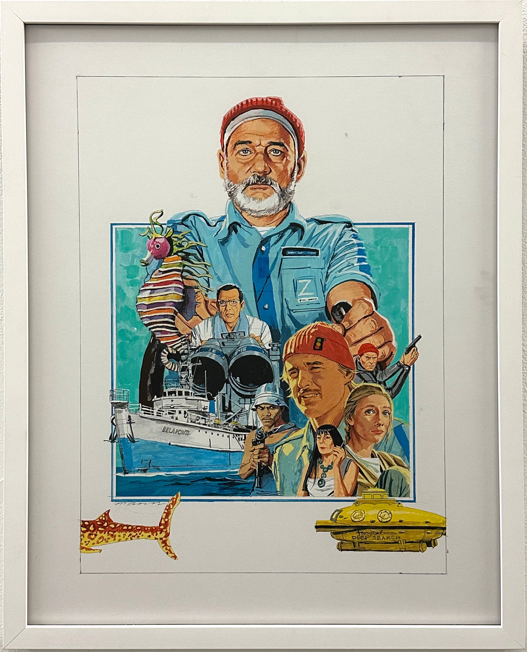 Vibrant Spoke Art painting inspired by The Life Aquatic with Steve Zissou, featuring a red-beanie man, underwater scenes, ship, colorful fish, and yellow submarine in Paul Mann's style for Spoke Art's 15th Anniversary.