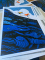 A vibrant Dean Stuart screen print shows two children running over the sea, diverse ocean life below, and "PONYO" underwater. Blue tones with orange highlights celebrate Spoke Art's 15th Anniversary.
