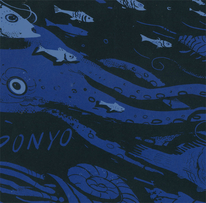 Underwater scene in blue hues, inspired by Dean Stuart’s screen print style. Features a large spotted octopus with fish and other sea creatures. “PONYO” appears in the lower left corner. Brand: Dean Stuart.
