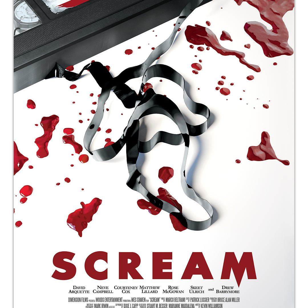 A limited edition Phil Shelly screen print shows a VHS tape labeled Halloween unwinding into a ghost face, with red blood splatters on white and bold red SCREAM at the bottom.