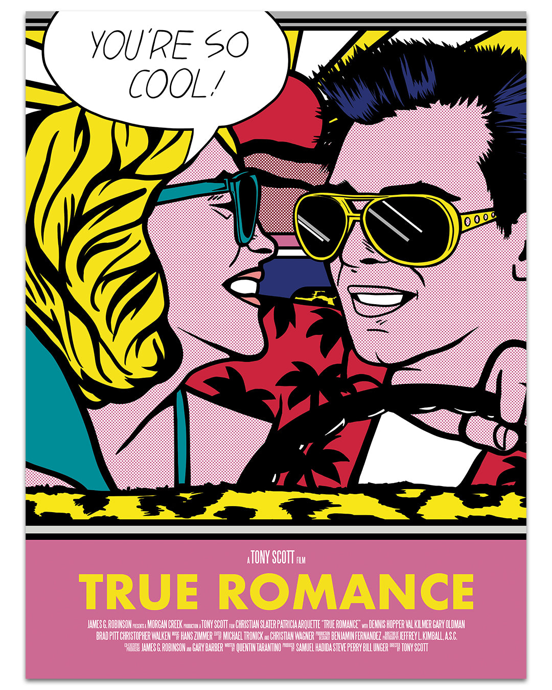 This vibrant retro pop art poster by Phil Shelly features a man and woman in sunglasses with bold outlines and bright colors. The woman exclaims, Youre so cool! while the bottom text reads True Romance, making this archival pigment print truly unforgettable.