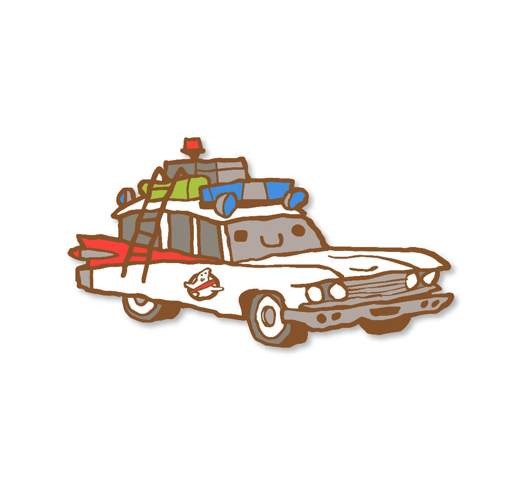 Cartoon illustration of Scott C.s smiling Ghostbusters Ecto-1 car, featuring a cute face, roof equipment, ladders, and the iconic logo—perfect as a limited edition gold metal plated enamel pin for collectors.