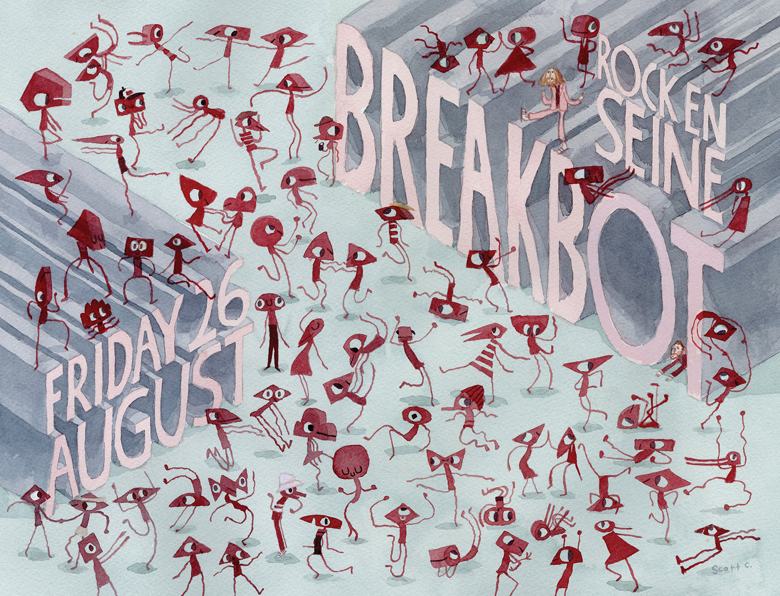 Scott C. poster with quirky stick-figures dancing around bold 3D text—Breakbot, Rock en Seine, Friday 26 August—in playful pink and white, inspired by Scott C.’s vibrant Big Show Retrospective style.