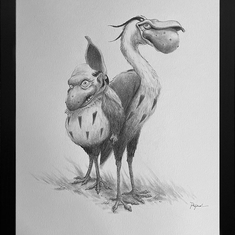 A graphite artwork from Spoke Art, inspired by Ruel Pascual, shows two odd bird-like creatures with big beaks and expressive faces—one upright, one glancing grumpily over its shoulder—with featherless bodies in a black frame.