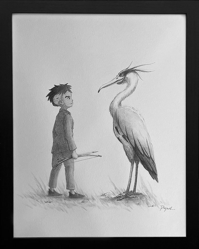 This Spoke Art graphite piece by Ruel Pascual, inspired by The Boy and The Heron, features a detailed pencil sketch of a boy with sticks facing a tall crane, set against a minimalist background.