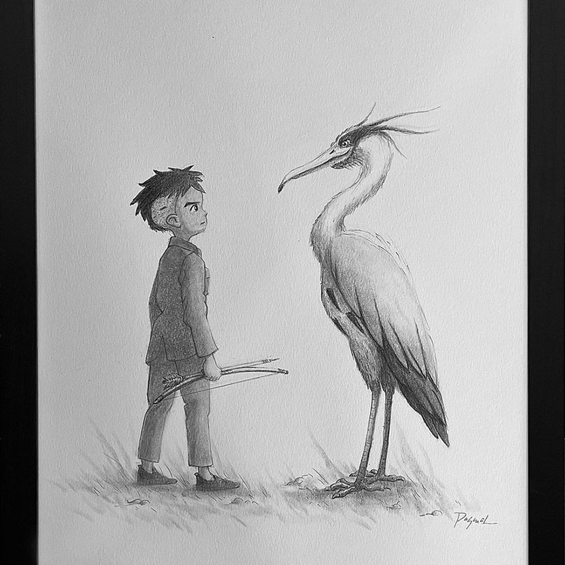 This Spoke Art graphite piece by Ruel Pascual, inspired by The Boy and The Heron, features a detailed pencil sketch of a boy with sticks facing a tall crane, set against a minimalist background.