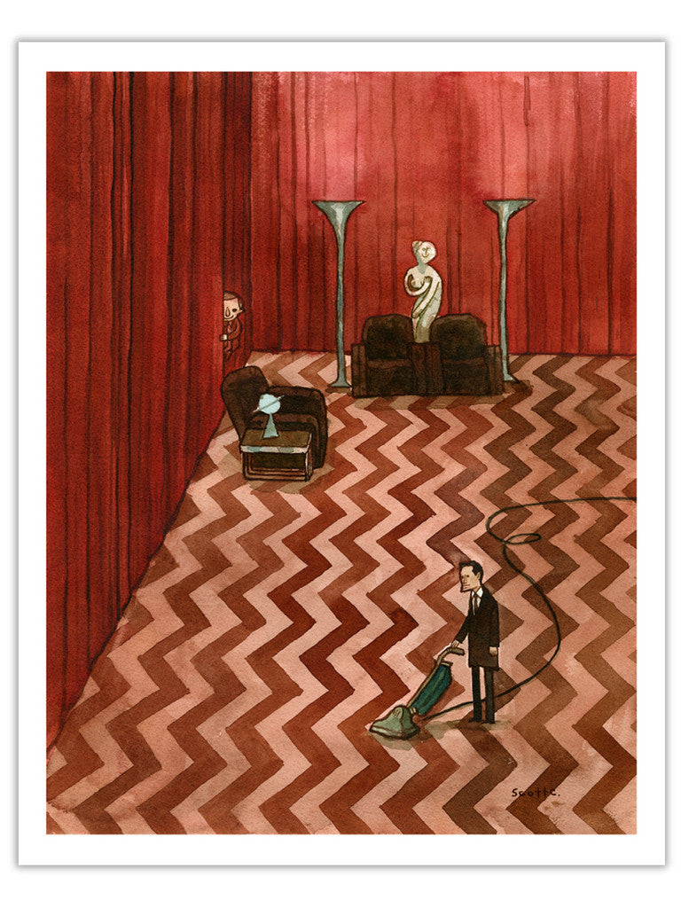 Archival Pigment Print by Scott C. featuring a zigzag floor, red curtains, tall lamps, a sofa with a statue, and a man vacuuming while a small person peeks behind the curtain. Signed by the artist.