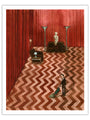 Archival Pigment Print by Scott C. featuring a zigzag floor, red curtains, tall lamps, a sofa with a statue, and a man vacuuming while a small person peeks behind the curtain. Signed by the artist.