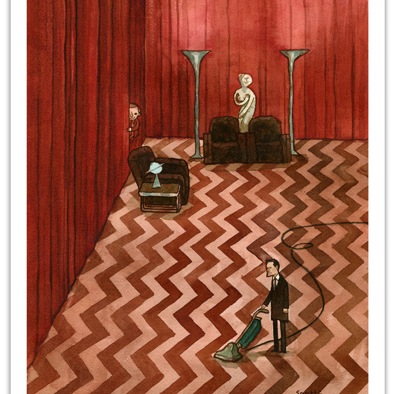 Archival Pigment Print by Scott C. featuring a zigzag floor, red curtains, tall lamps, a sofa with a statue, and a man vacuuming while a small person peeks behind the curtain. Signed by the artist.