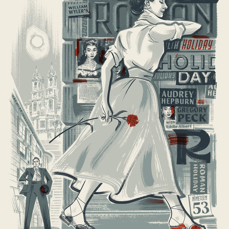 This limited edition screen print by Anne Benjamin features a stylish woman smiling past Italian architecture, with a man holding flowers in the background. Collaged text and film details complete this Roman Holiday art poster.