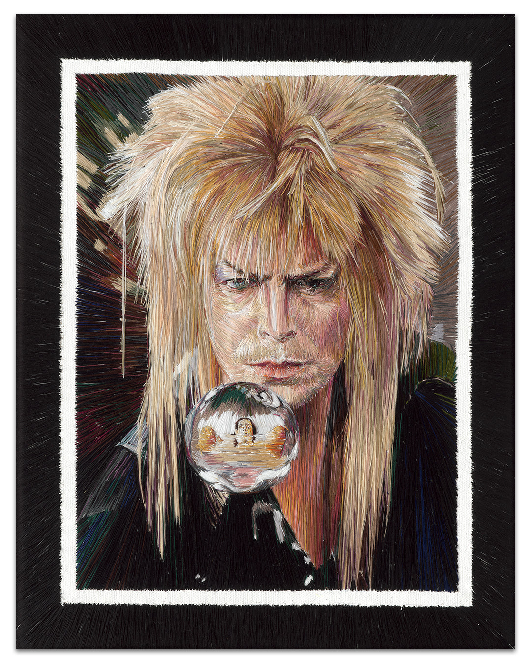 With wild blonde hair, a person holds a reflective crystal ball, capturing an upside-down figure inside. The dark backdrop enhances the vibrant scene, resembling an archival pigment print. Brand: Rose Couch.
