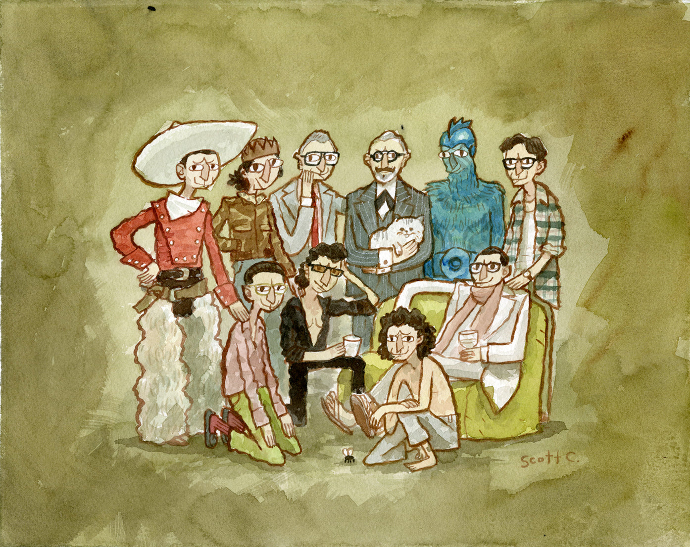 A watercolor by Scott C. features The Goldblums—quirky, uniquely dressed people and a blue bird-like character—posing indoors on a green background, with some standing and others sitting or kneeling, holding drinks and chatting.
