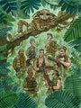 Seven armed soldiers stand in a dense jungle clearing, unaware of a camouflaged figure in a mask perched above them on a branch. Large green leaves frame this Jungle Moments scene in Scott C.s distinctive watercolor style.